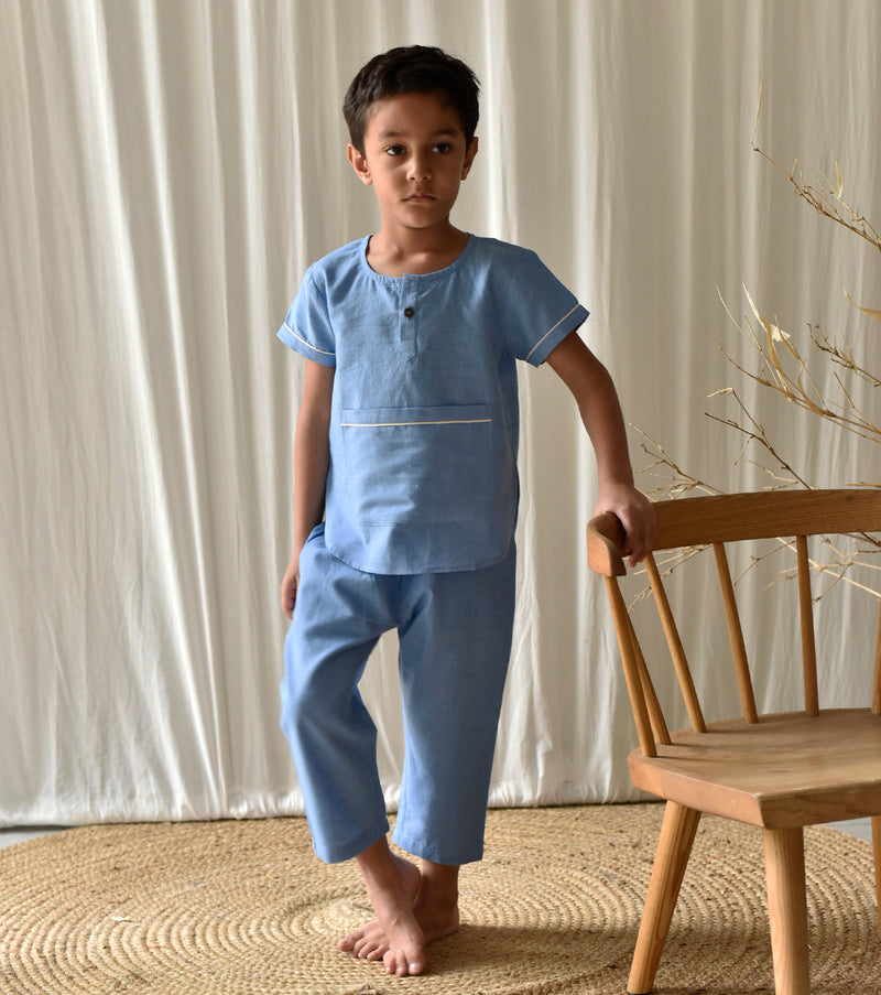 Stone Blue Co-ord Set Co-ord Set by Khara Kapas Kids for kids in Singapore