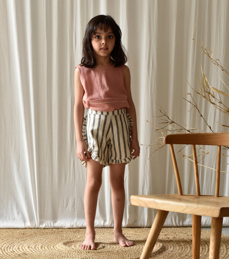 Stripe Me Linen Shorts Bottoms by Khara Kapas Kids for kids in Singapore