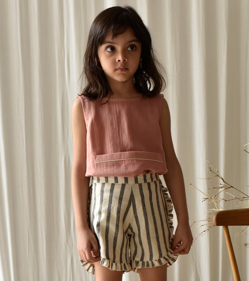 Stripe Me Linen Shorts Bottoms by Khara Kapas Kids for kids in Singapore