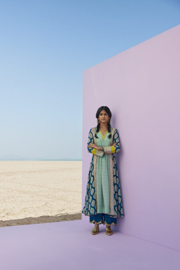 TEAL BLUE - POWDER BLUE PRINTED PANEL KURTA SET Kurta Sets by Rajiramniq for women in Singapore