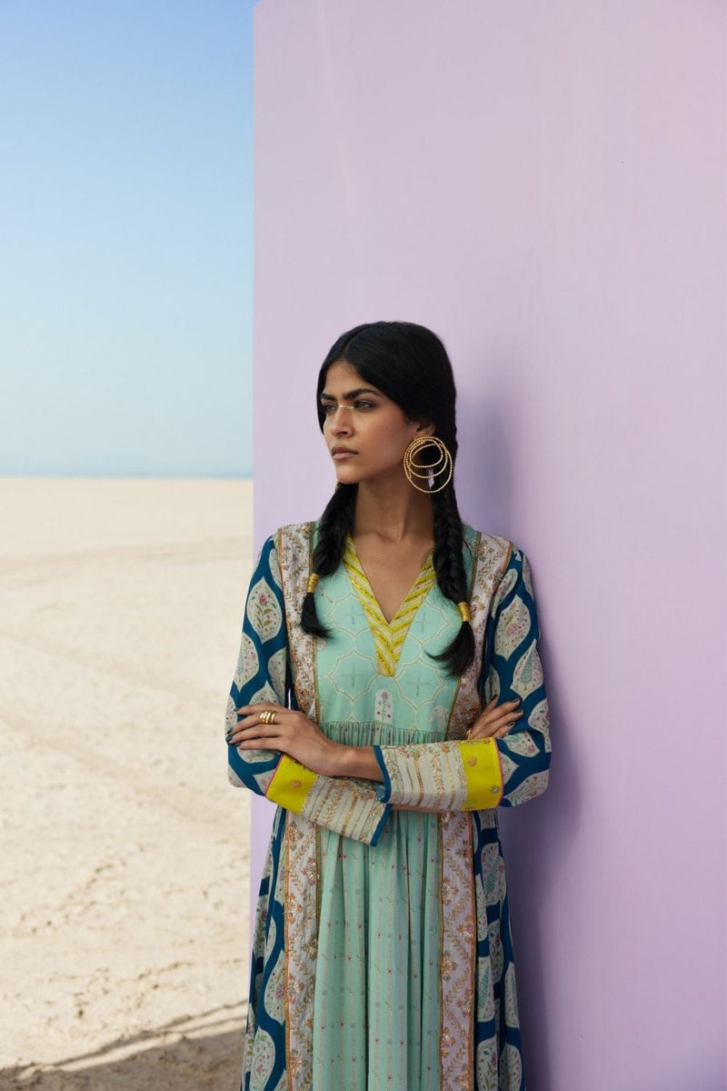 TEAL BLUE - POWDER BLUE PRINTED PANEL KURTA SET Kurta Sets by Rajiramniq for women in Singapore