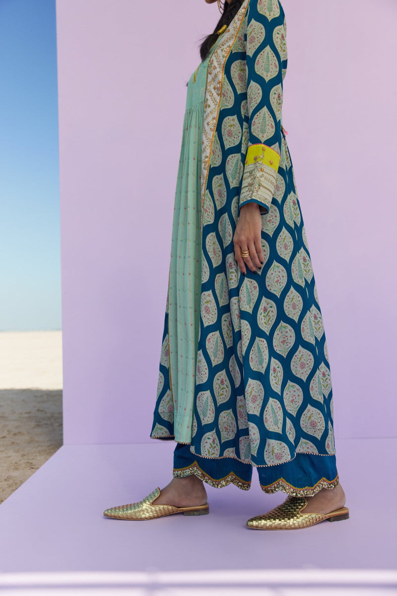 TEAL BLUE - POWDER BLUE PRINTED PANEL KURTA SET Kurta Sets by Rajiramniq for women in Singapore