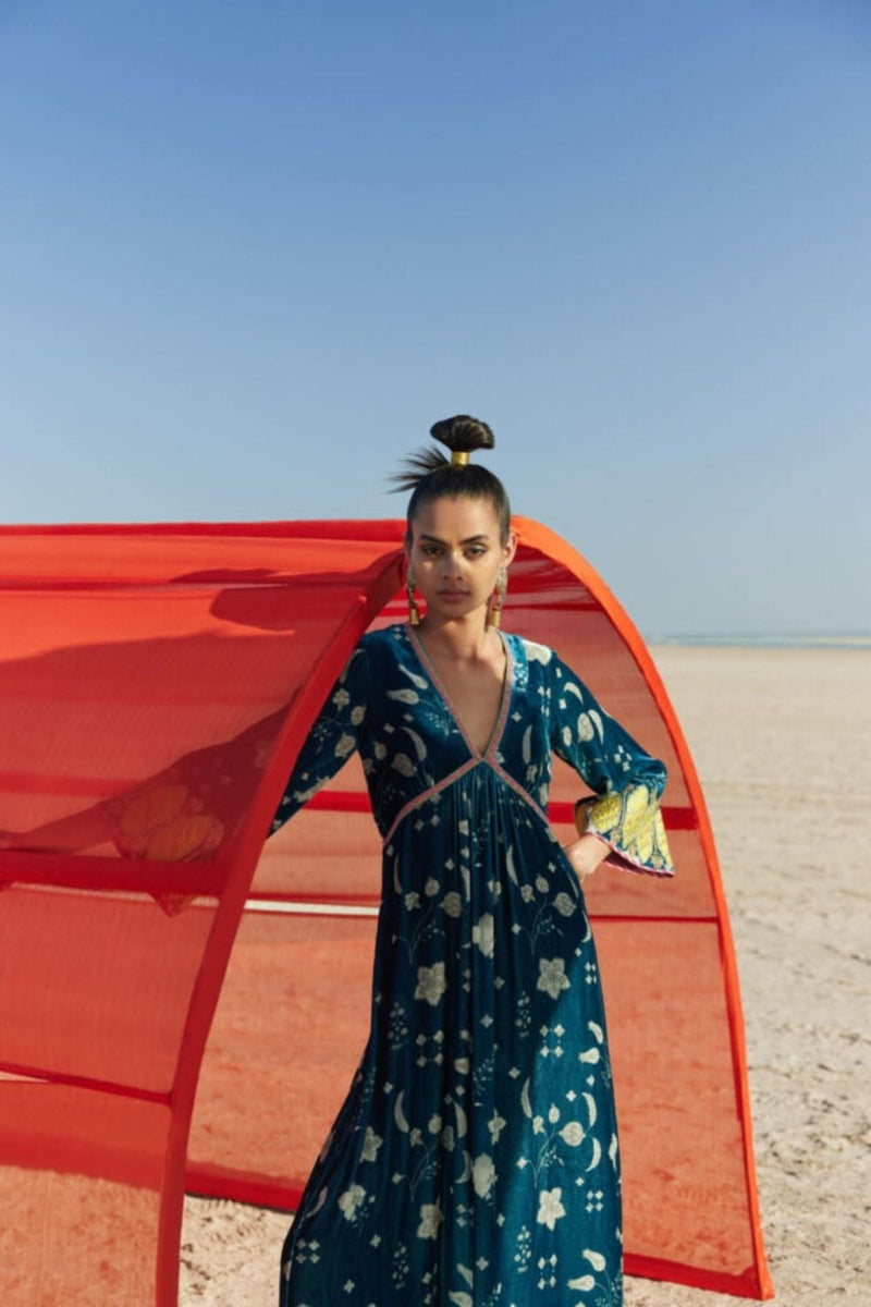 TEAL BLUE PRINTED BELL SLEEVE SILK VELVET KURTA SET Kurta Sets by Rajiramniq for women in Singapore