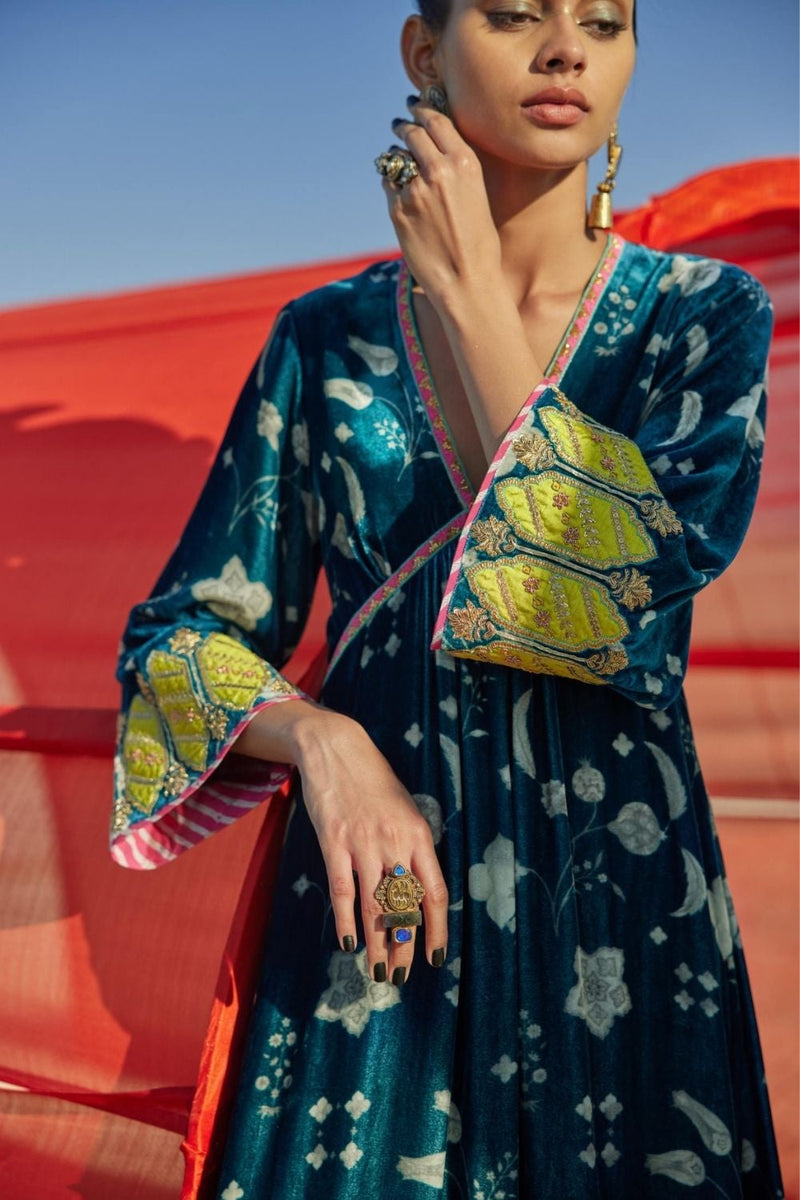 TEAL BLUE PRINTED BELL SLEEVE SILK VELVET KURTA SET Kurta Sets by Rajiramniq for women in Singapore