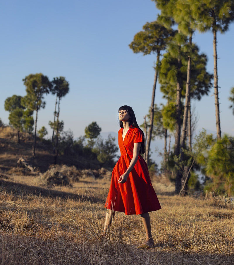 The Woman Afoot Dress by Khara Kapas in red for women in Singapore