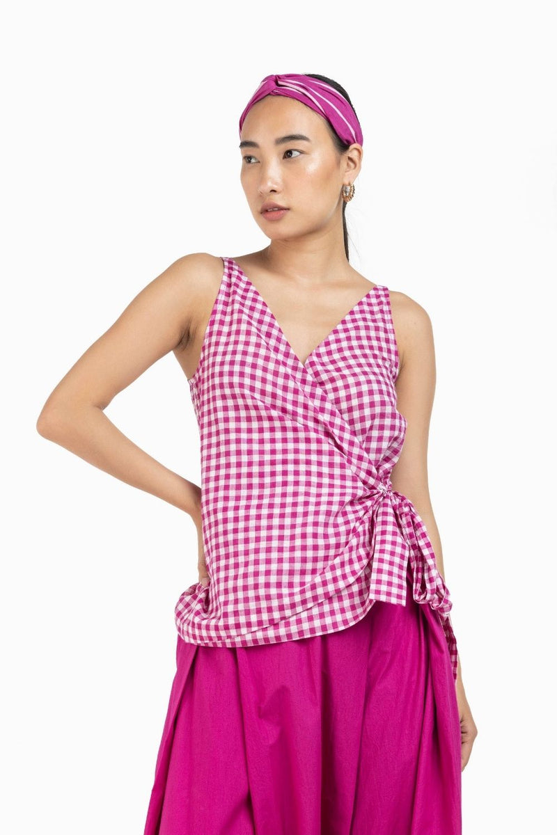 Tie Top Hot Pink Check Co-ord Co-ord Set,Bottoms,Top & Tunics by THREE for women in Singapore