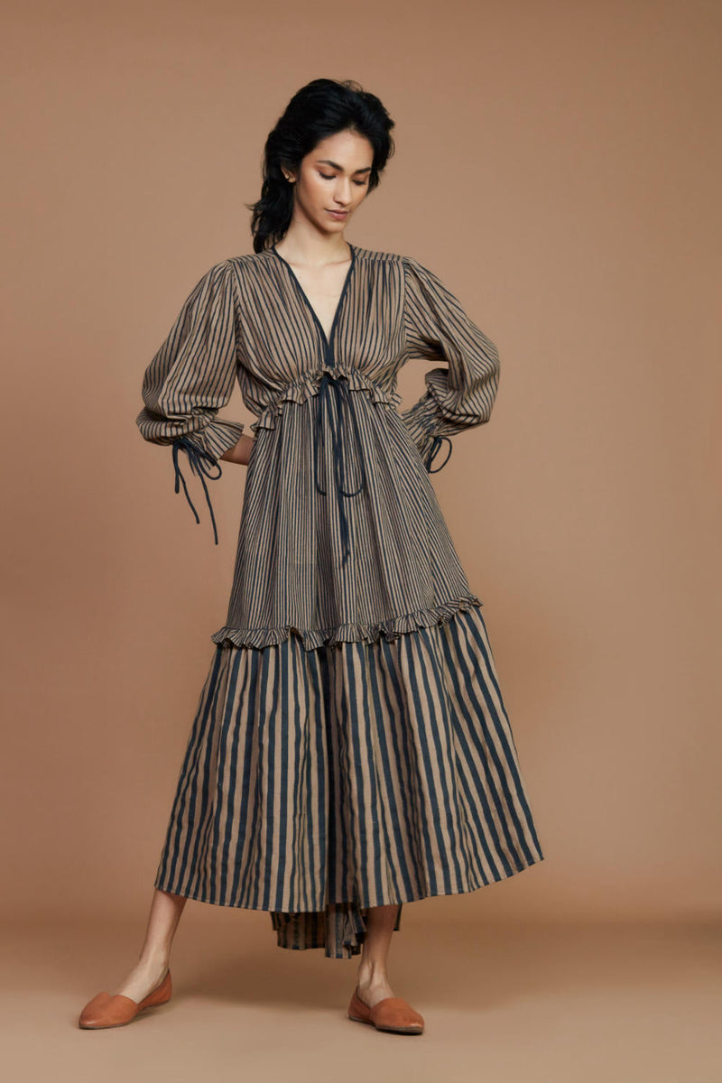 Tiered Frill Brown Striped Dress by Mati for in Singapore
