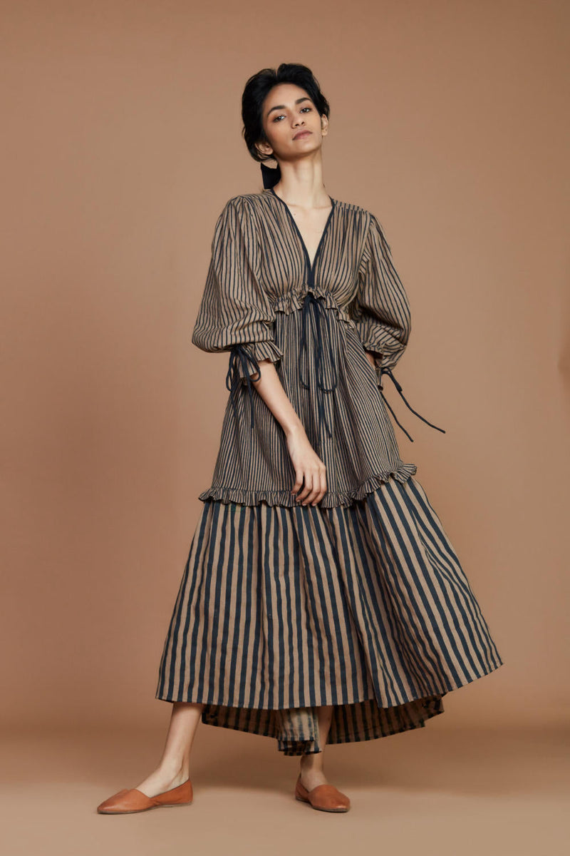 Tiered Frill Brown Striped Dress by Mati for in Singapore