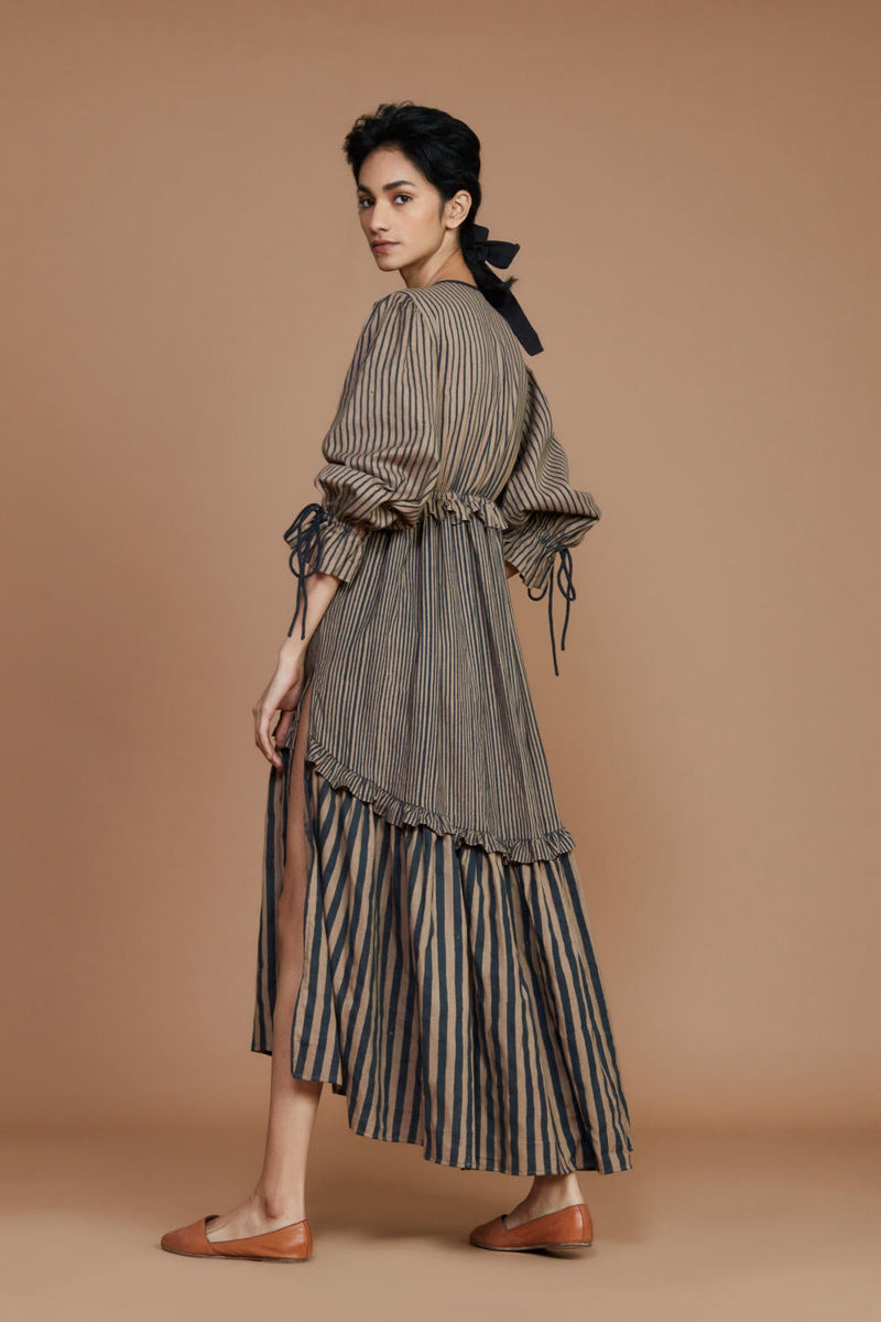 Tiered Frill Brown Striped Dress by Mati for in Singapore