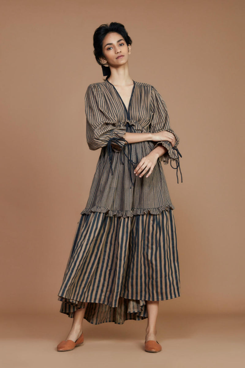 Tiered Frill Brown Striped Dress by Mati for in Singapore