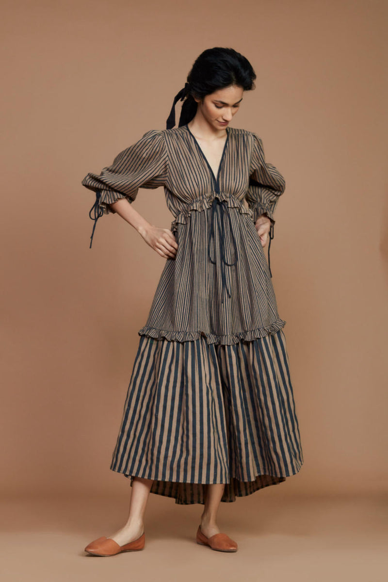 Tiered Frill Brown Striped Dress by Mati for in Singapore