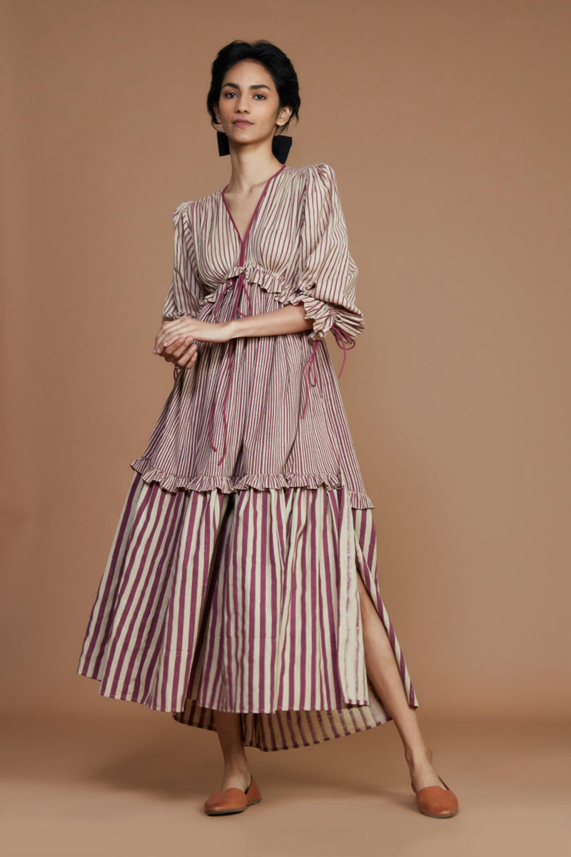 Tiered Frill Mauve Striped Dress Canvas & Weaves
