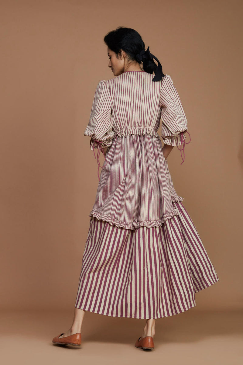 Tiered Frill Mauve Striped Dress Canvas & Weaves