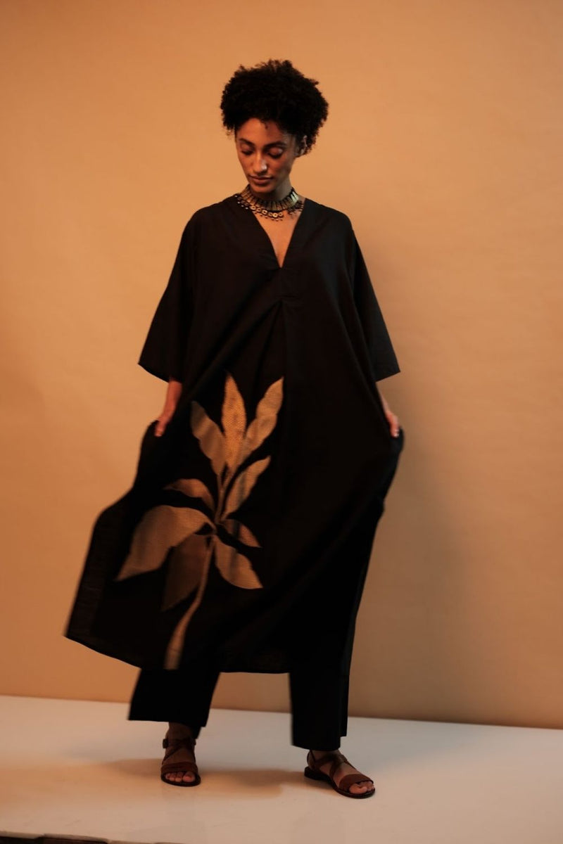Tropical Leaf Applique Kaftan Black Tropical Leaf Applique Kaftan Black by Mallika Mathur by Mallika Mathur in black color for women in Singapore