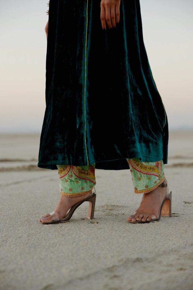 TURQUOISE GREEN SIDE KALI SILK VELVET KURTA SET Kurta Sets by Rajiramniq for women in Singapore
