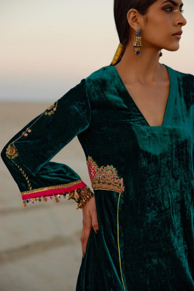 TURQUOISE GREEN SIDE KALI SILK VELVET KURTA SET Kurta Sets by Rajiramniq for women in Singapore