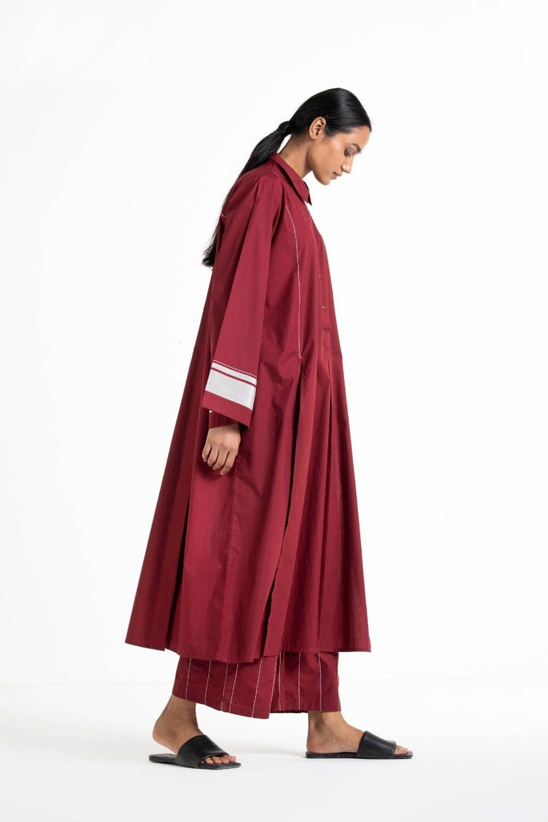 Wide Sleeve Panel Slit Shirt Co-ord Crimson Red linen Co-ord Set by THREE for women in Singapore