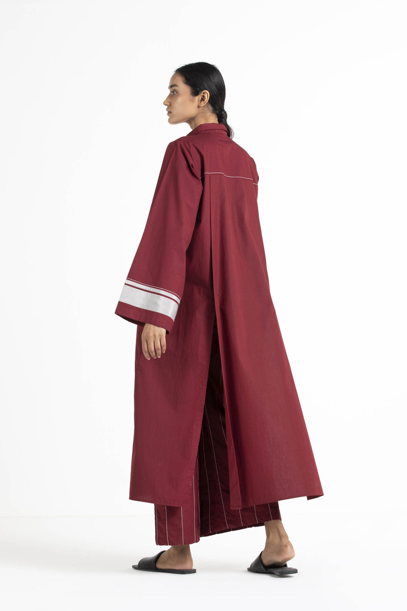 Wide Sleeve Panel Slit Shirt Co-ord Crimson Red linen Co-ord Set by THREE for women in Singapore