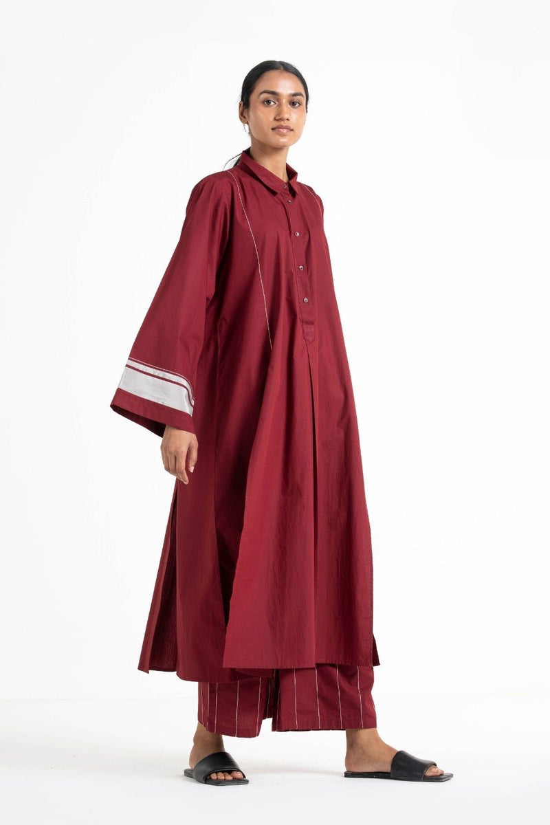 Wide Sleeve Panel Slit Shirt Co-ord Crimson Red linen Co-ord Set by THREE for women in Singapore
