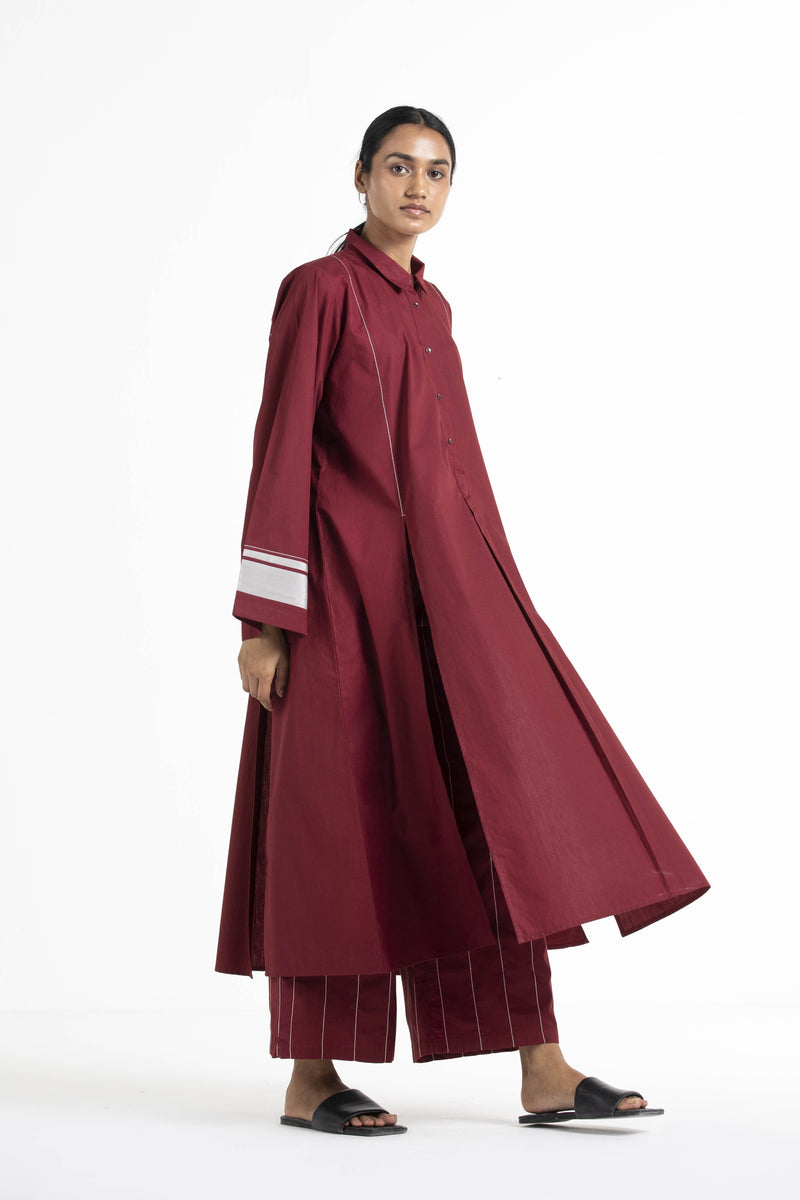 Wide Sleeve Panel Slit Shirt Co-ord Crimson Red linen Co-ord Set by THREE for women in Singapore