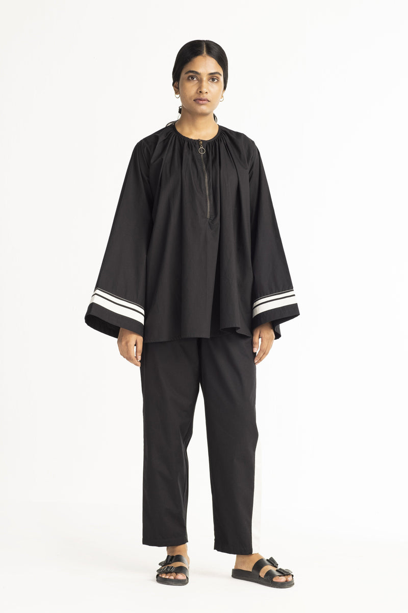 Wide Sleeve Top - Black linen Top & Tunics by THREE in black color for women in Singapore