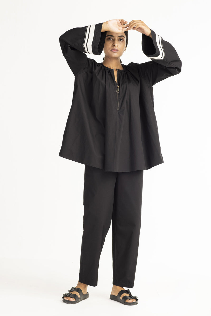Wide Sleeve Top - Black linen Top & Tunics by THREE in black color for women in Singapore
