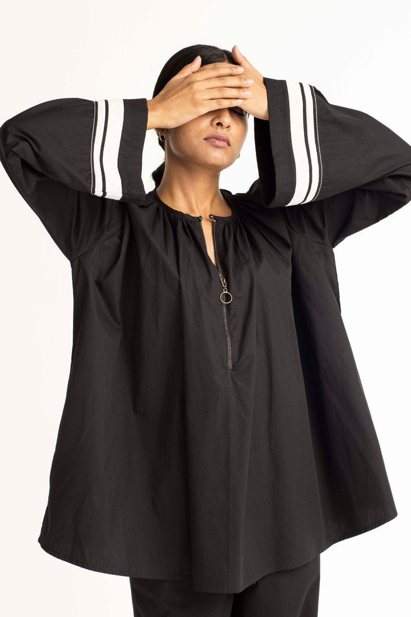 Wide Sleeve Top - Black linen Top & Tunics by THREE in black color for women in Singapore
