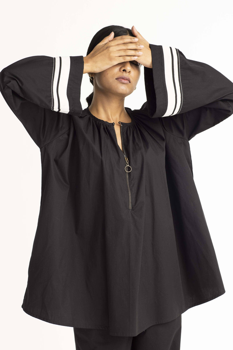 Wide Sleeve Top Co-ord - Black linen Co-ord Set by THREE in black color for women in Singapore