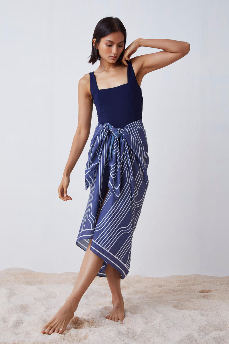 Window Pane Print Sarong - Blue and White Lounge Wear by The Summer House for women in Singapore