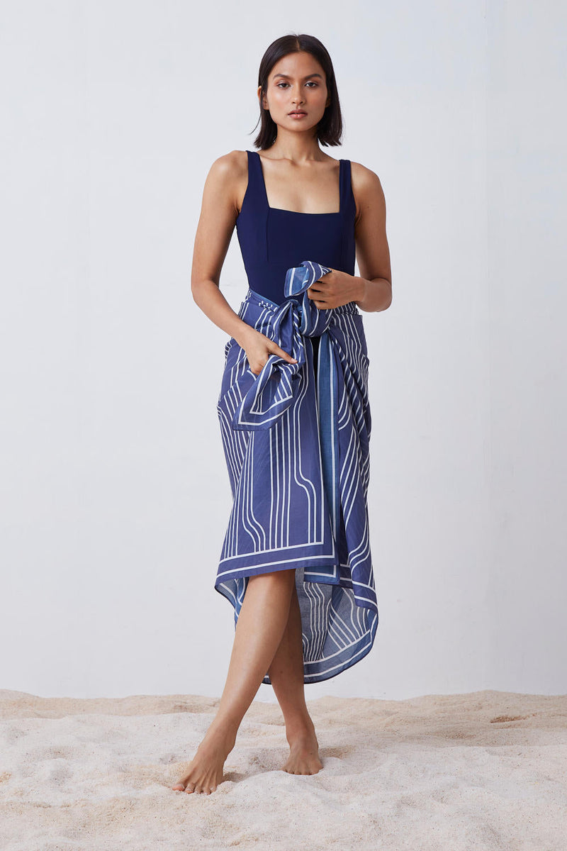 Window Pane Print Sarong - Blue and White Lounge Wear by The Summer House for women in Singapore