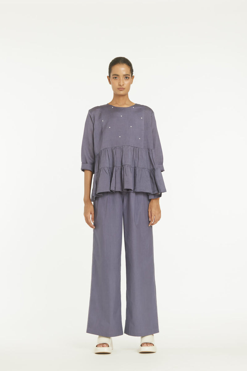 Yoke Frill Top Co-ord Violet Co-ord Set,Bottoms,Top & Tunics by THREE for women in Singapore