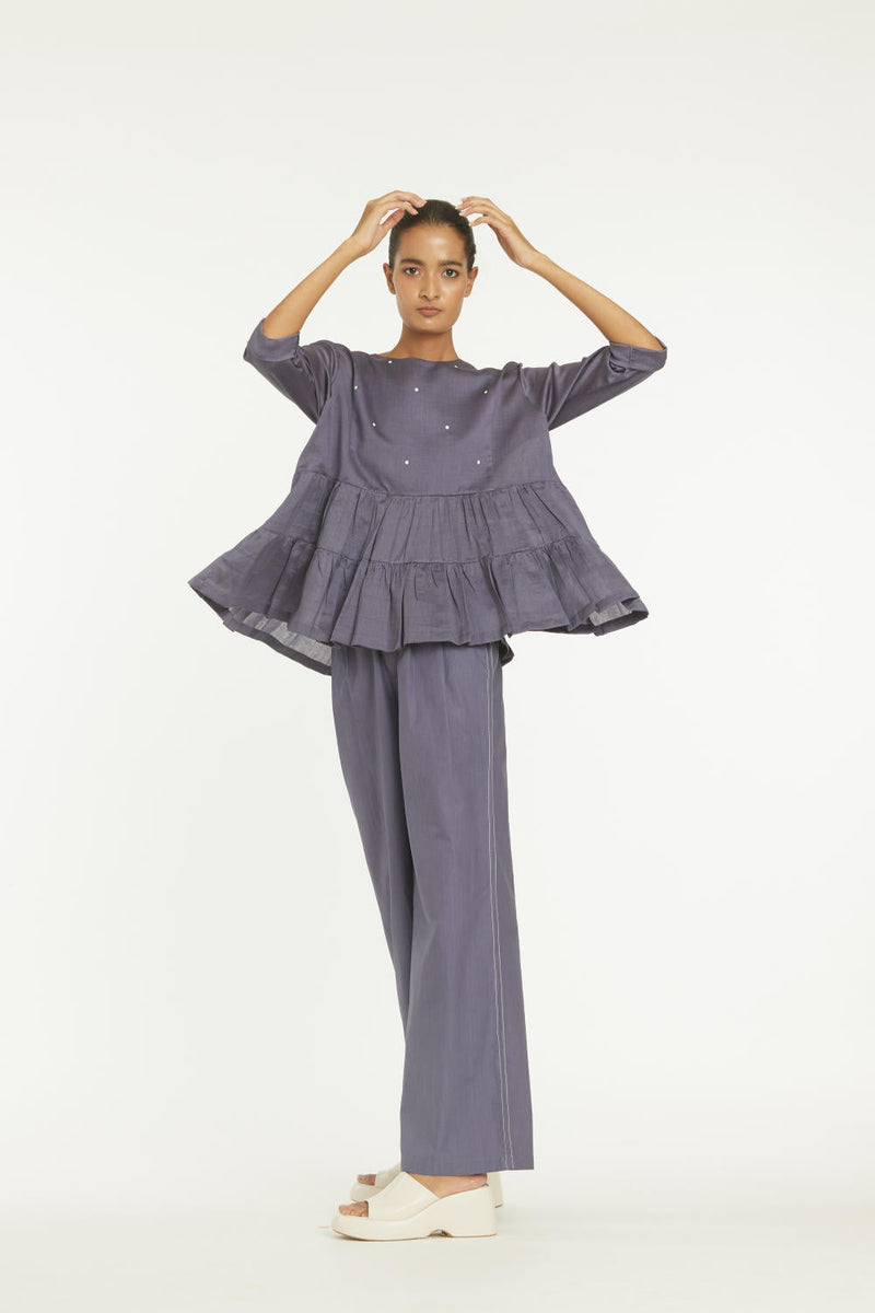 Yoke Frill Top Co-ord Violet Co-ord Set,Bottoms,Top & Tunics by THREE for women in Singapore
