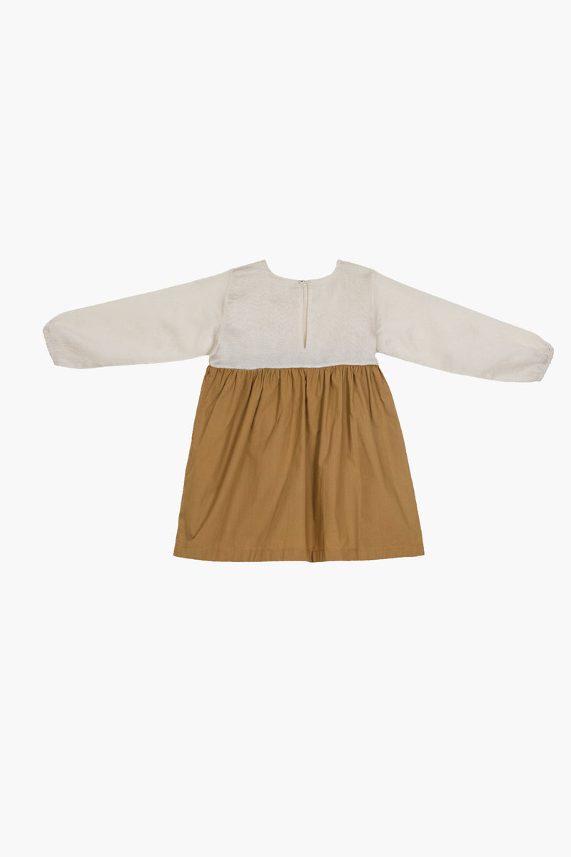 YOKE GATHER DRESS- MUSTARD Dress by THREE Kids for kids in Singapore